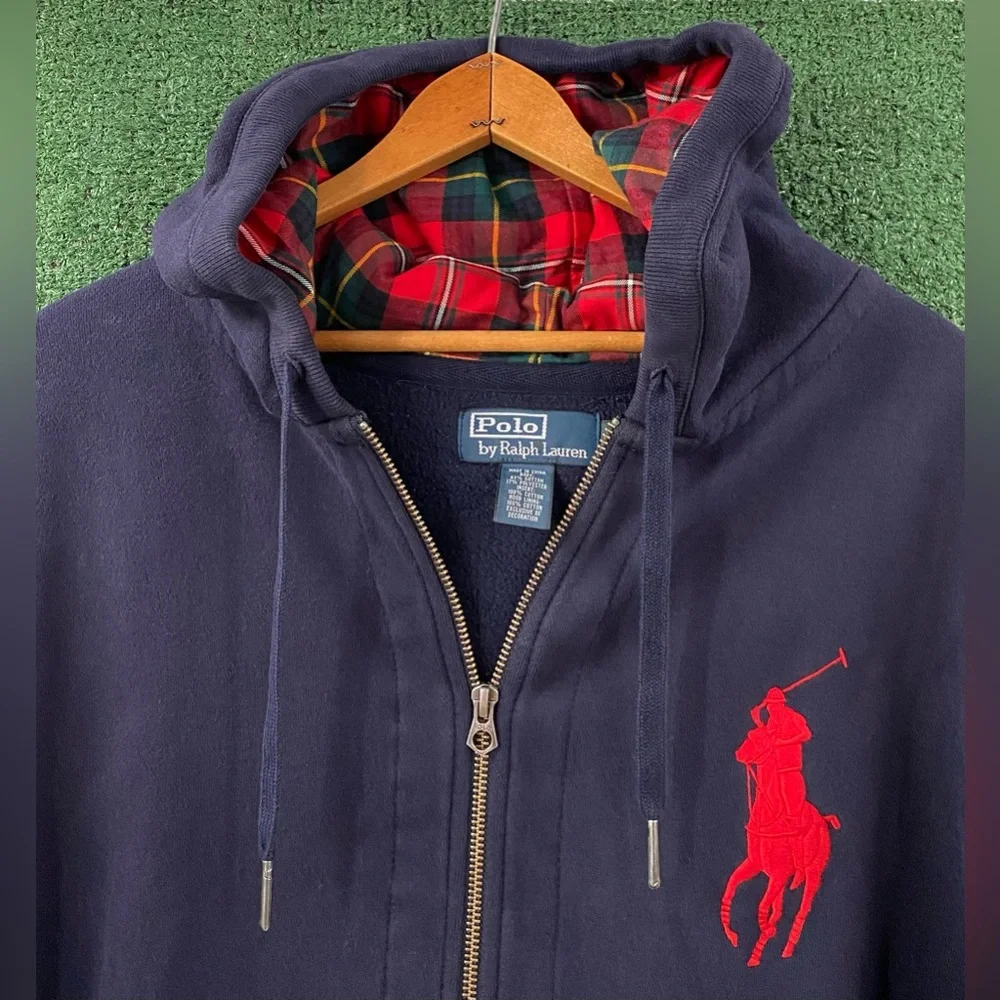 VTG Y2K Polo Ralph Lauren Big Pony Navy Plaid Lined Full Zip Hoodie Mens Sz 2XL